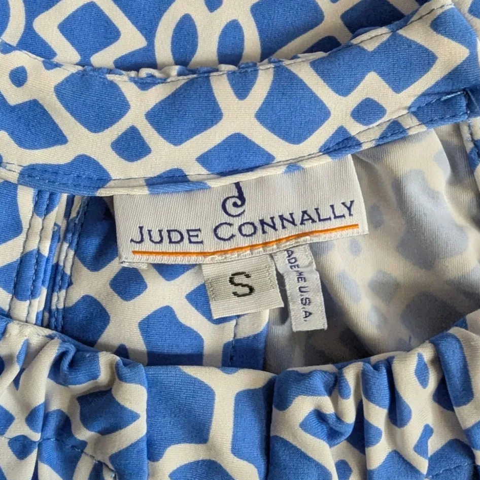 Jude Connally Dress Blue White Keyhole Halter Sleeveless Geometric Resortwear - Image 2