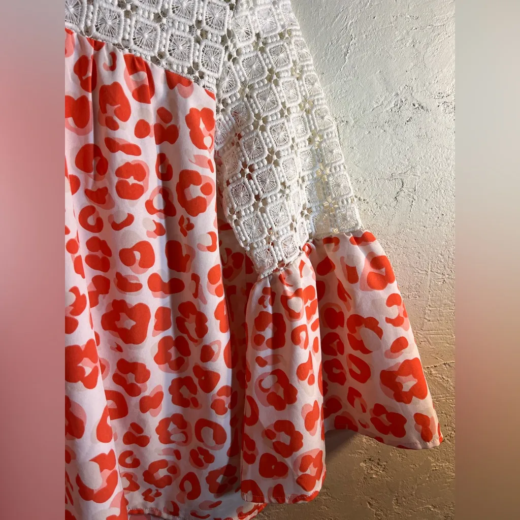 Coral White Pink Leopard Print Blouse sz M crochet flowy colorful bell sleeve Orange Size M - Image 7