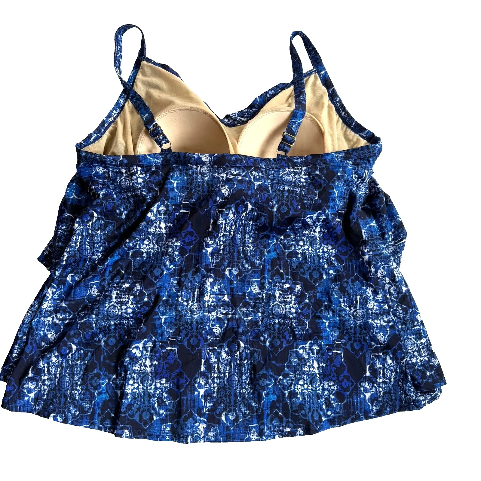 Swimsuit for All Tankini Swim Top Plus 30 5X V Tiered Blue Batik Flowy Modest - Image 3