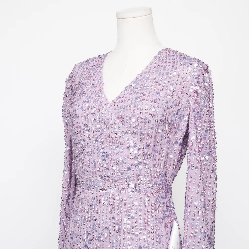 Mac Duggal Purple Sequin Puff Sleeve V Neck Midi Dress - Image 10