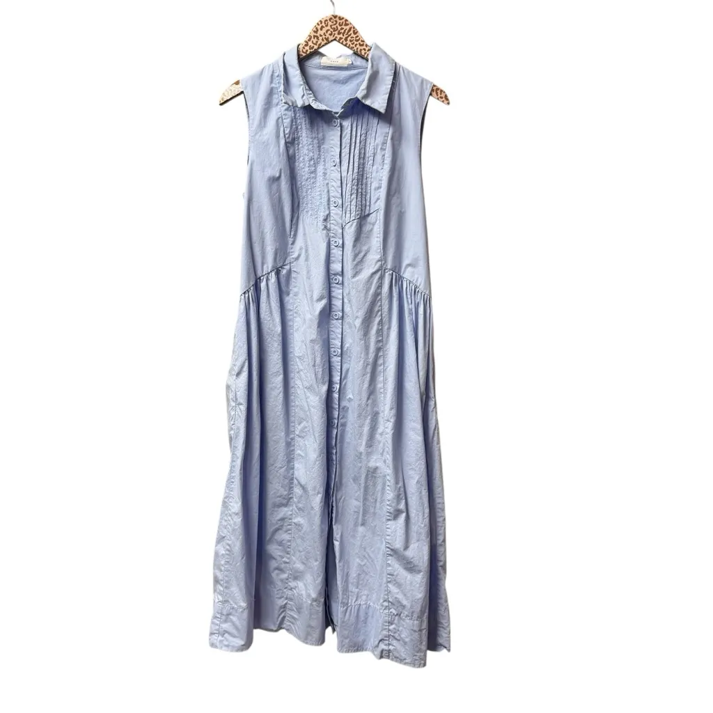 MAYE Corinne Shirtdress Sleeveless Midi Dress Collared Pintuck Sky Blue Large - Image 3