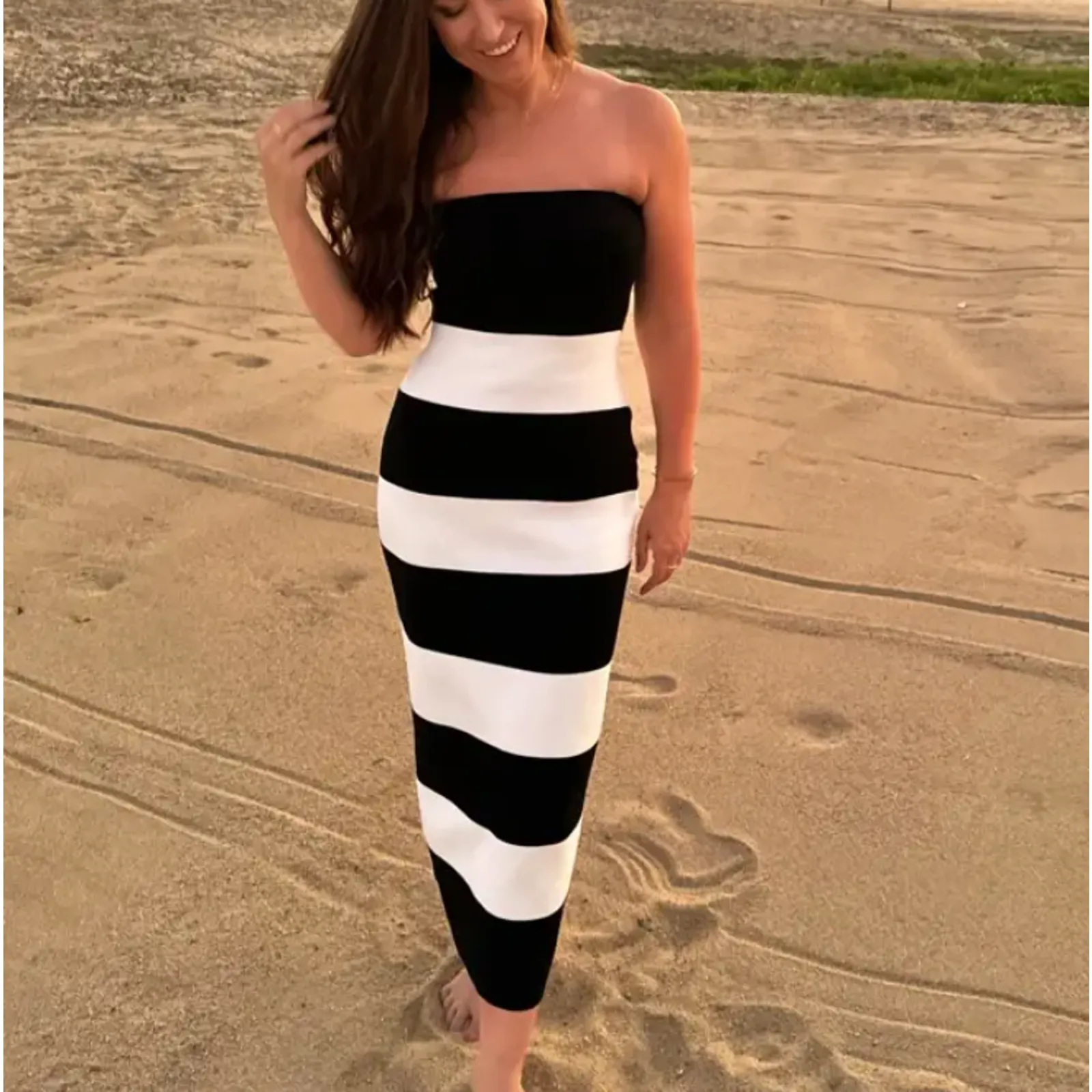 Club Monaco Black White Striped Midi Tube Dress SMALL Bodycon Thick Knit $300 - Image 7