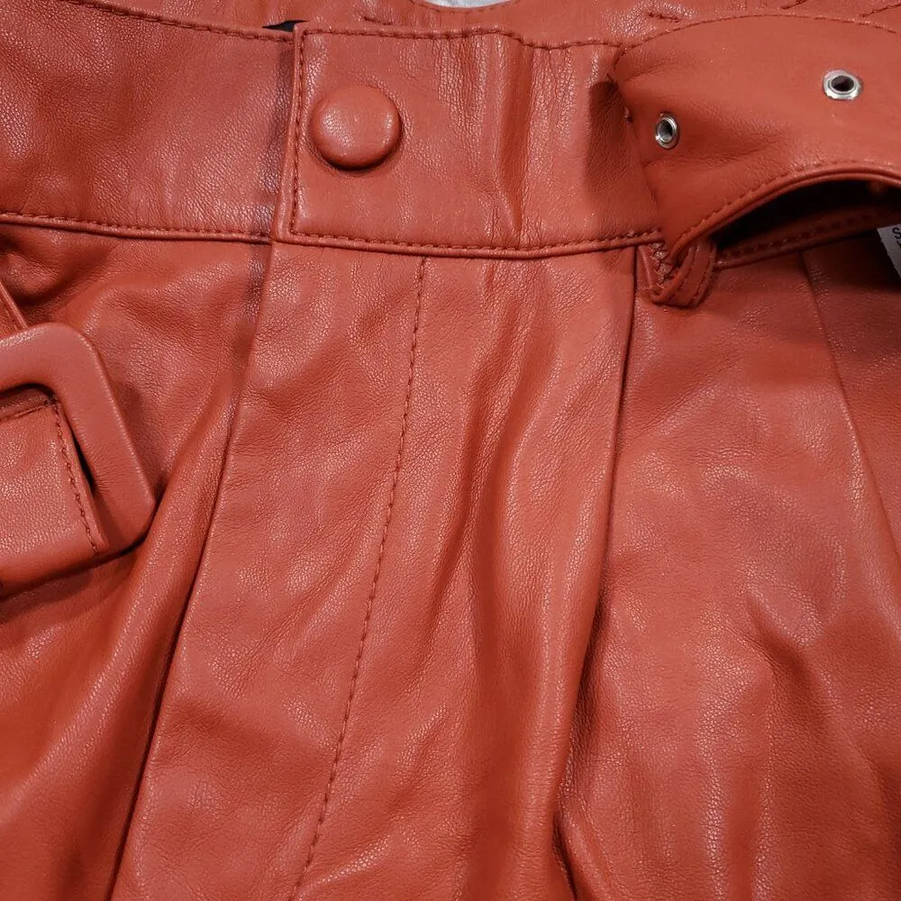 READ Zara Faux Leather Pleated High Rise Belted Shorts Orange XS trf Collection - Image 9