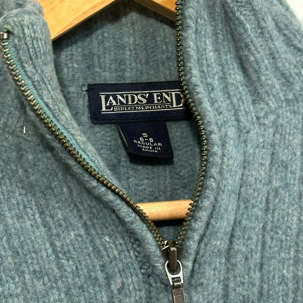 Vintage Lands’ End Wool Half Zip Sweater – Fair Isle Snowflake Knit Blue small - Image 3