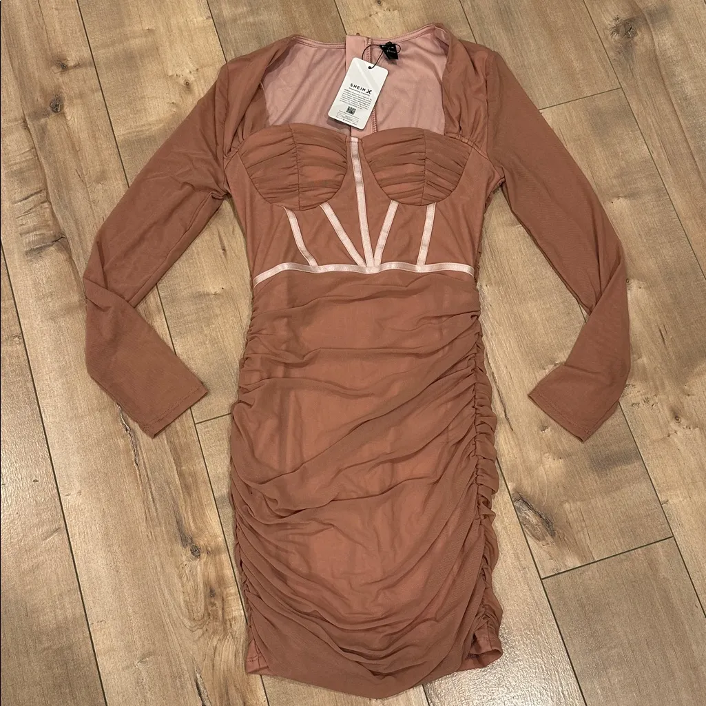 4/$25 NWT SHEIN TrendsL'Amorae Ruched Mesh Bustier Bodycon Dress Dusty Pink Sz L - Image 6
