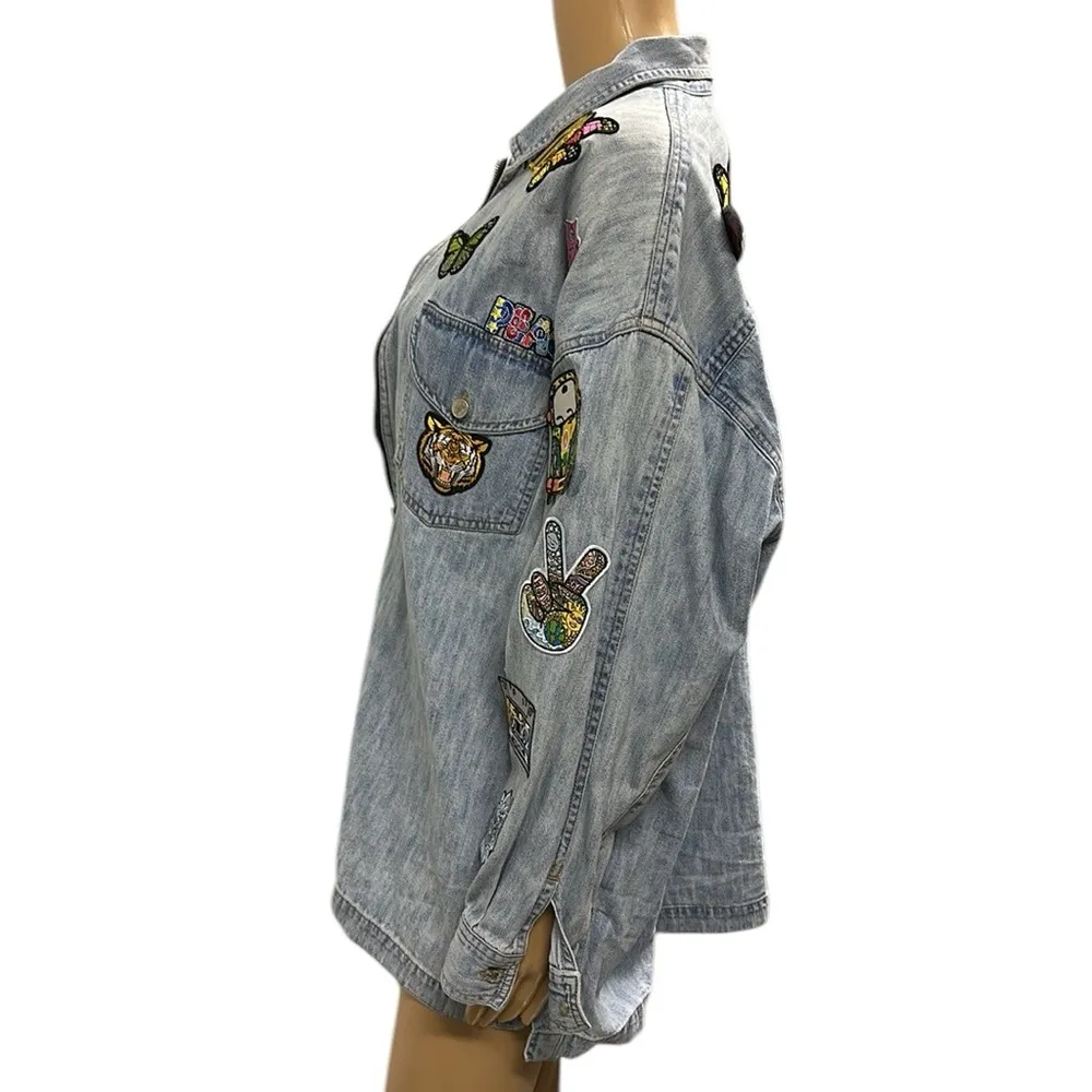 Y2K Nada Nuff Contempo Patch Zip Up Long Sleeve Jean Shirt Jacket Medium Blue - Image 3
