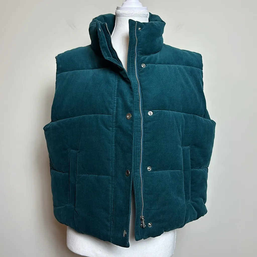 LOFT‎ Micro Corduroy Cotton Teal Sleeveless Puffer Vest Size Medium - Image 2
