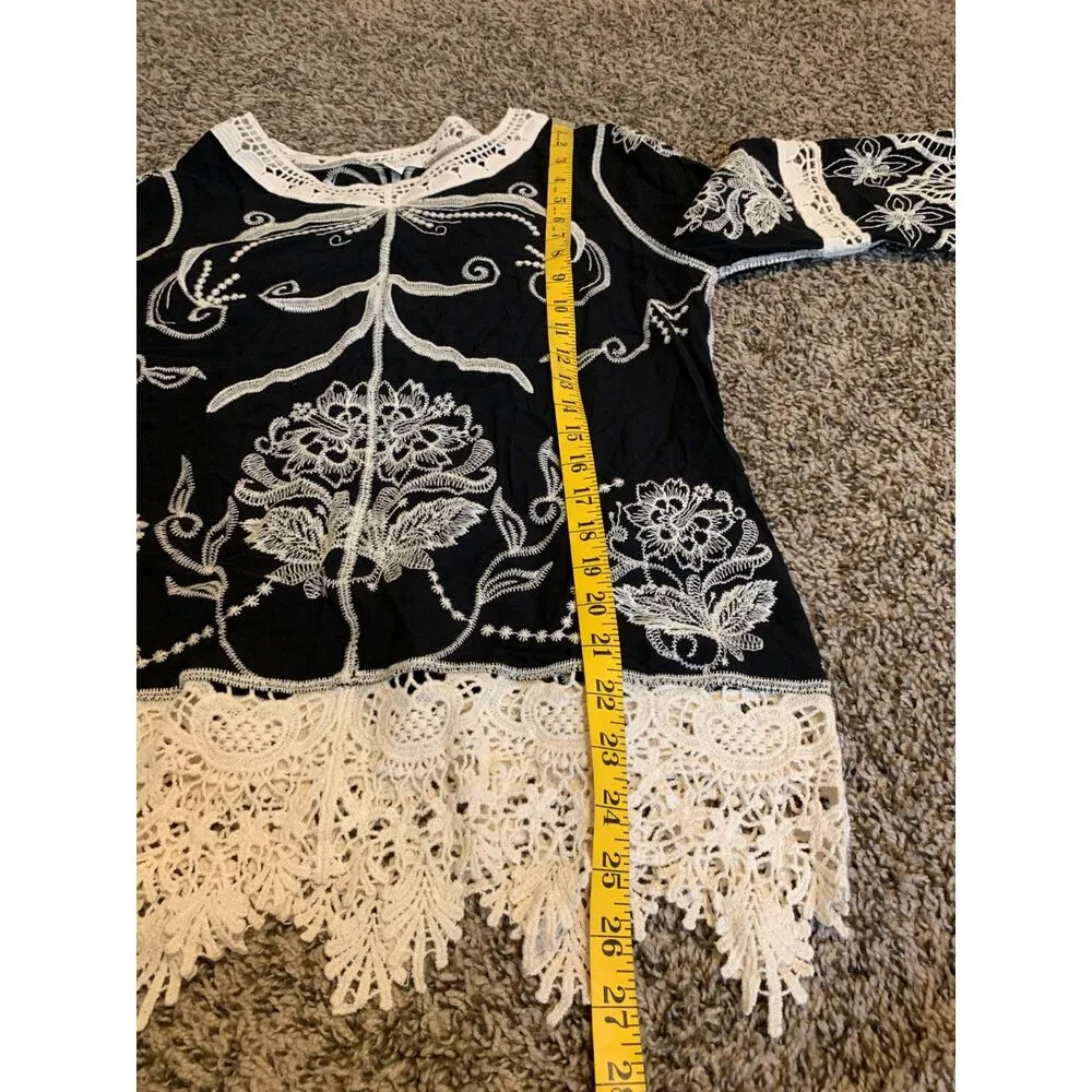 Cato Black Lace Trim Tunic Top Womens Sz S Embroidered Floral Boho Crotchet - Image 9
