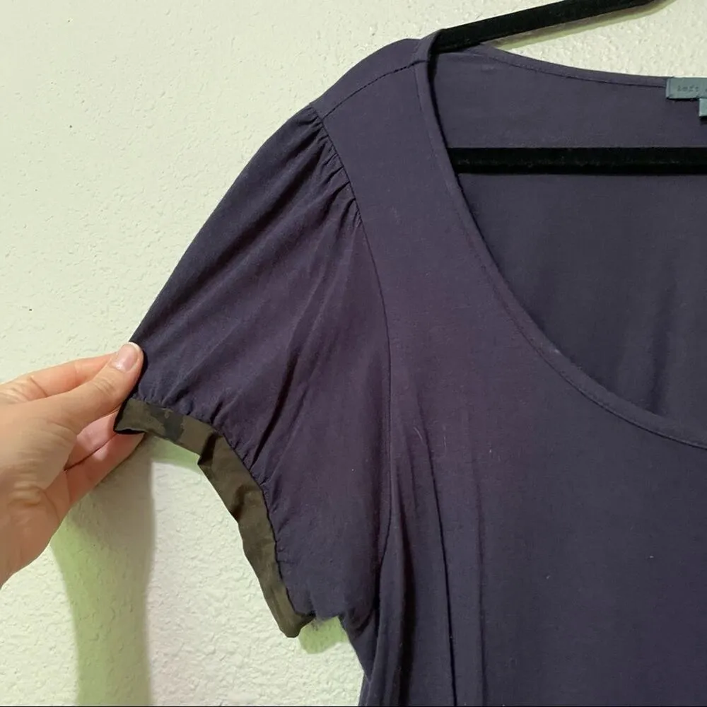 Left of Center Navy Blue Short Sleeve Tunic Camo Print Trim L Y2K Lagenlook Raw - Image 4