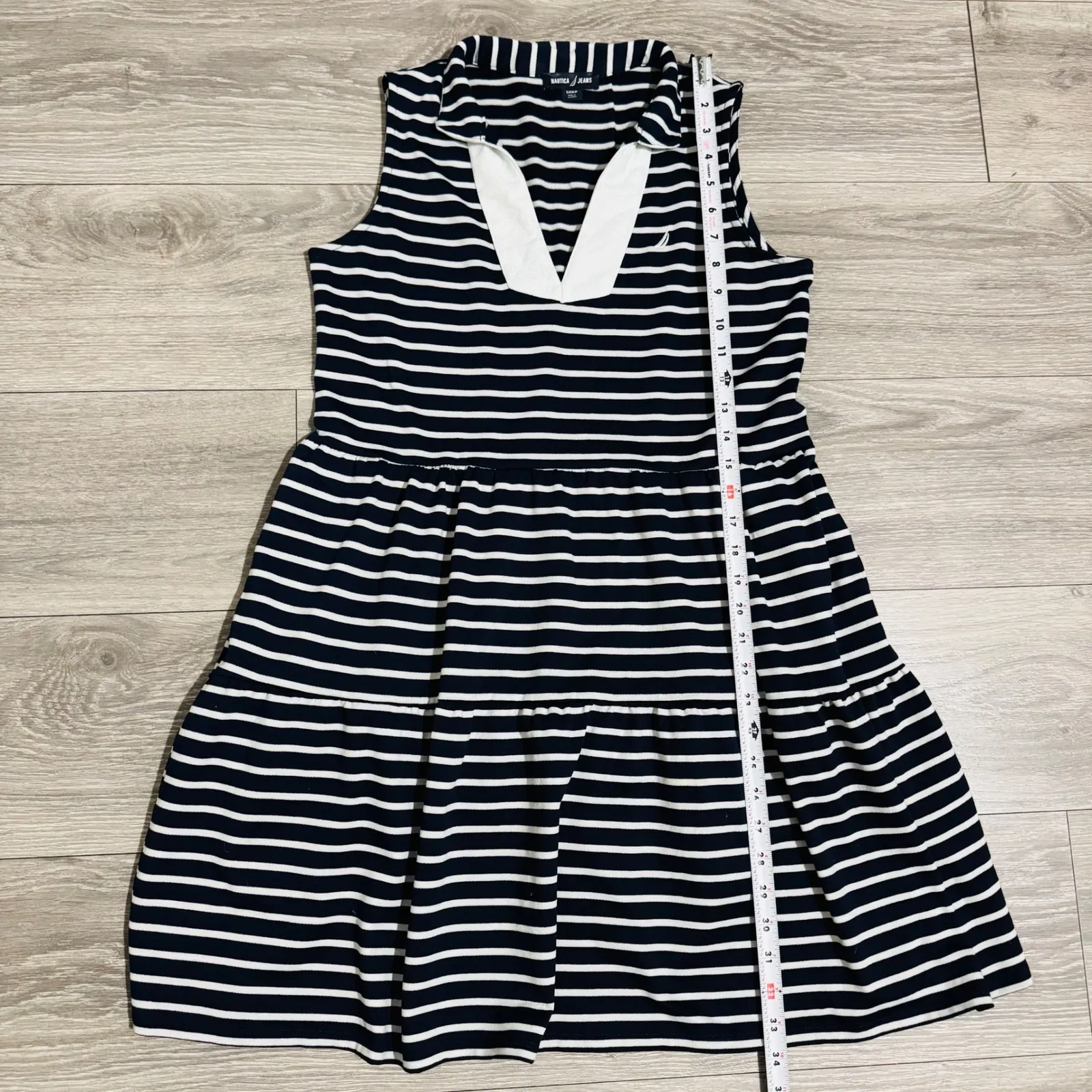Nautica Jeans Navy White Striped Sleeveless Tiered V Neck Collar Short Dress S Blue - Image 14