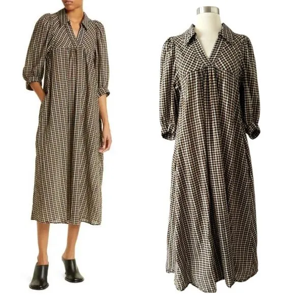Samsoe Samsoe Opal Collared Midi Plaid Dress Brown 3/4 Sleeves Split Neck Small - Image 2