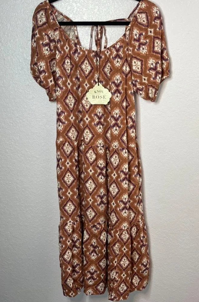 Knox Rose Cognac Puff Short Sleeve Tiered A-Line Midi Dress Size S New! - Image 3