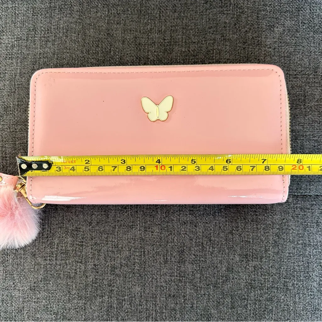 Pink Patent Butterfly Double Zip Around Wallet / Wristlet with Pom Pom Charm - Image 11