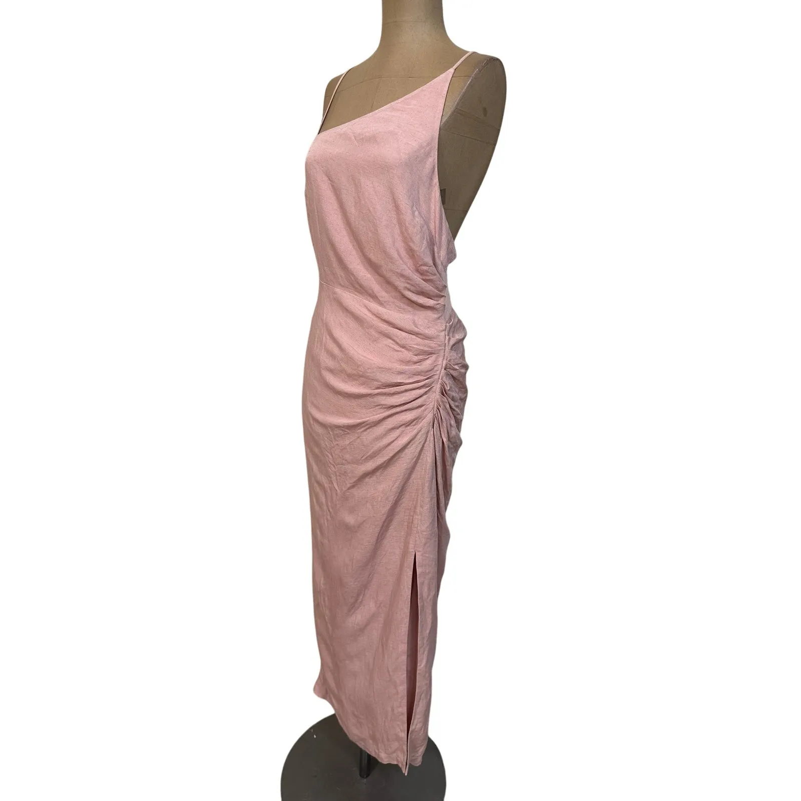 Anthropologie Midi Dress Pink Sleeveless Linen Ruched Asymmetrical New size 4 - Image 5