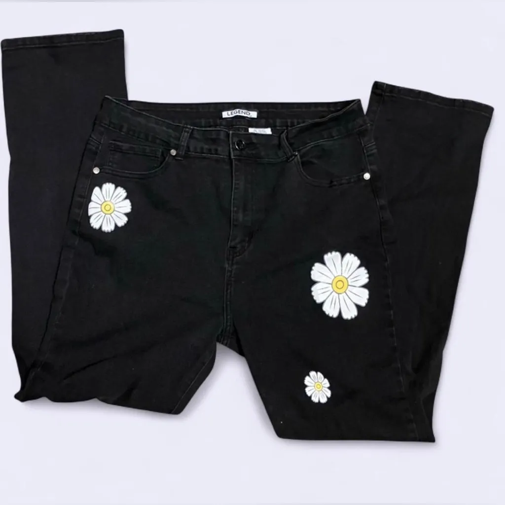 Legend Straight Leg Classic High Rise Denim Pants with Daisy Floral Design Black Size 31 - Image 5
