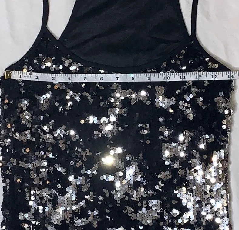 ENTI Flip Sequin Black & Silver Cami Sexy Stretch Cocktail Dress Small - Image 7