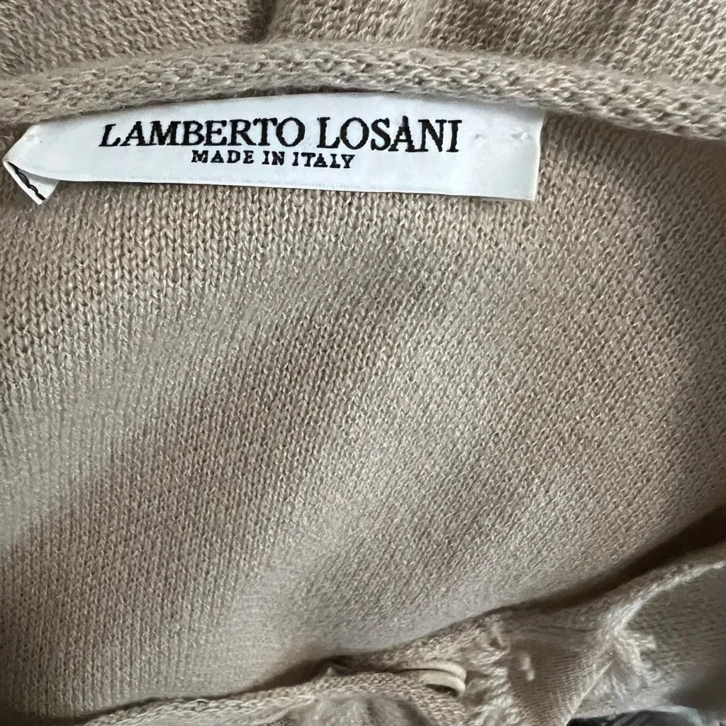Lamberto Losani Beige Cashmere Cotton Fringe Snap Cardigan Jacket Medium Tan - Image 6