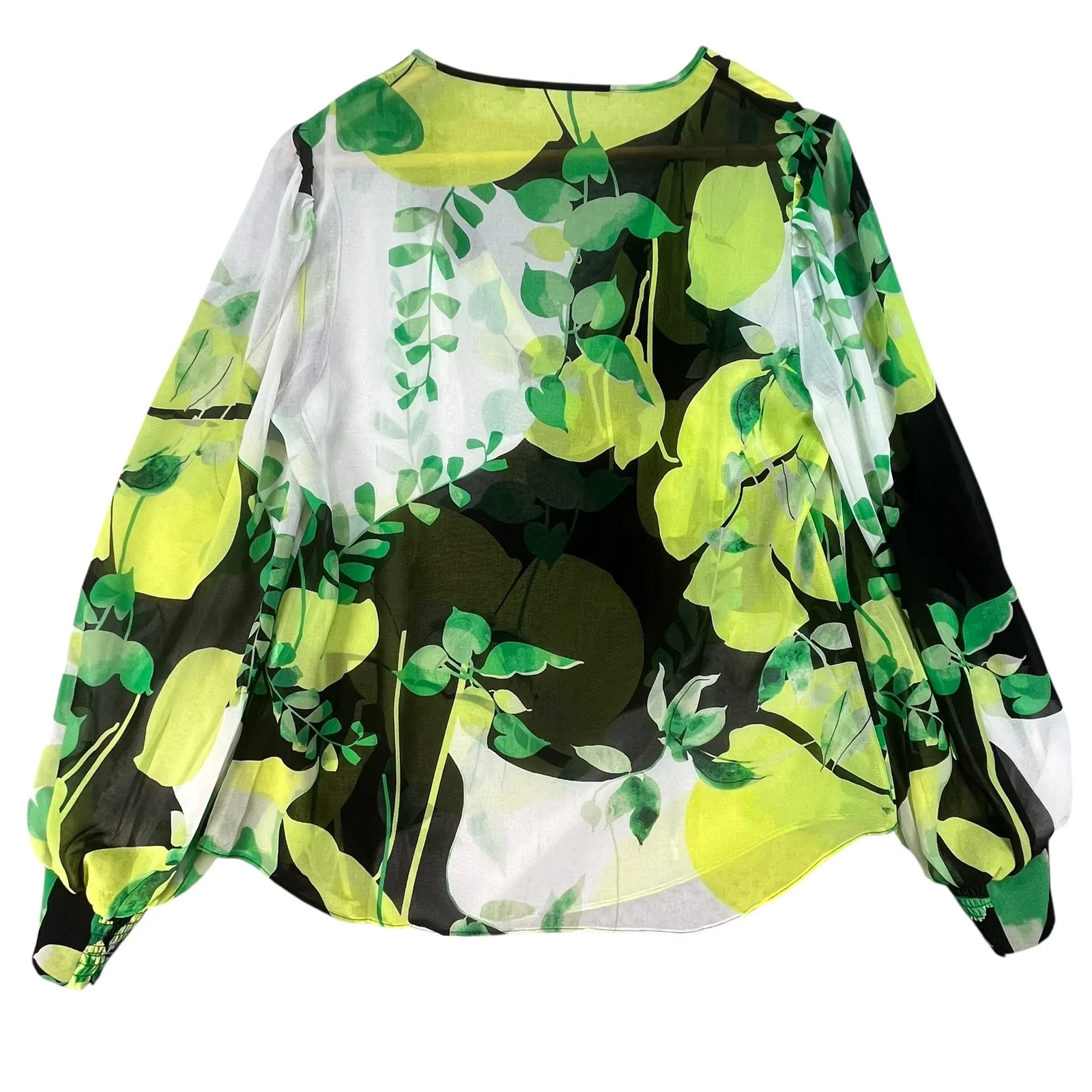 WHBM‎ Green Leaf Print Sheer Blouse Balloon Sleeves Tie Neck Medium - Image 2