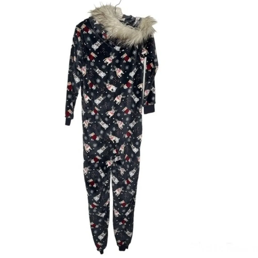SECRET TREASURES One Piece Adult Sleeper Christmas Holiday Dog Print Furry Hood - Image 3