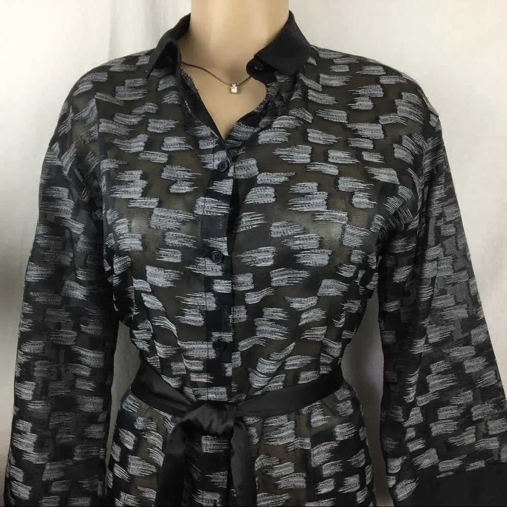 Lafayette 148 Gray & Black Print Button Up Belted Shirt Dress S - Image 2