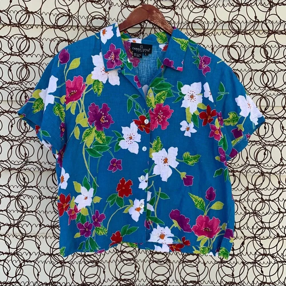 Vintage 90s Carole Little blue tropical floral linen blouse - Image 5