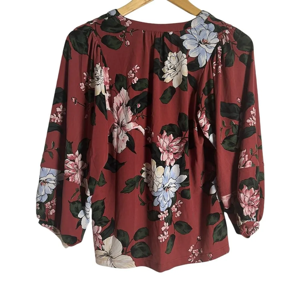 Banana Republic Red Floral Print 3/4 Long Sleeve Split V-Neck Popover Blouse XS - Image 8