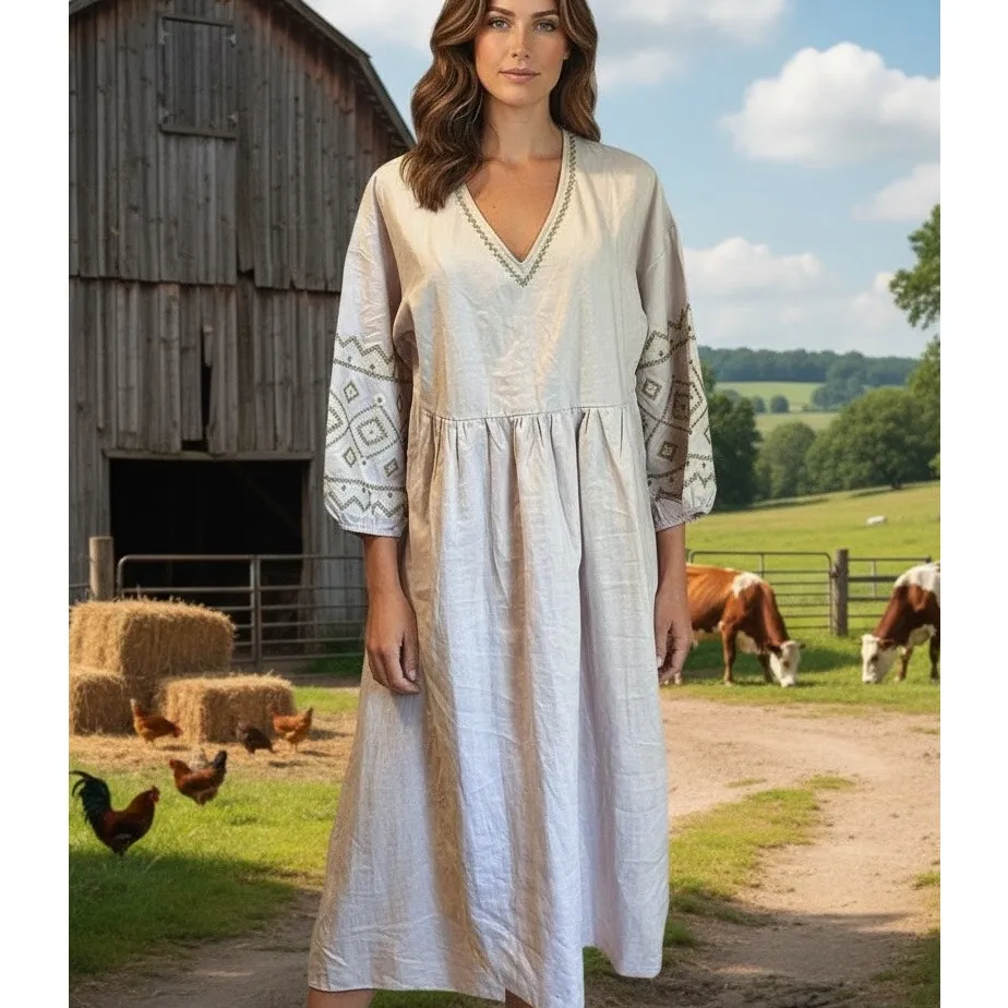 Madewell V-Neck Dress Linen Blend Embroidered Neckline & Peasant Sleeves SZ SM - Image 2