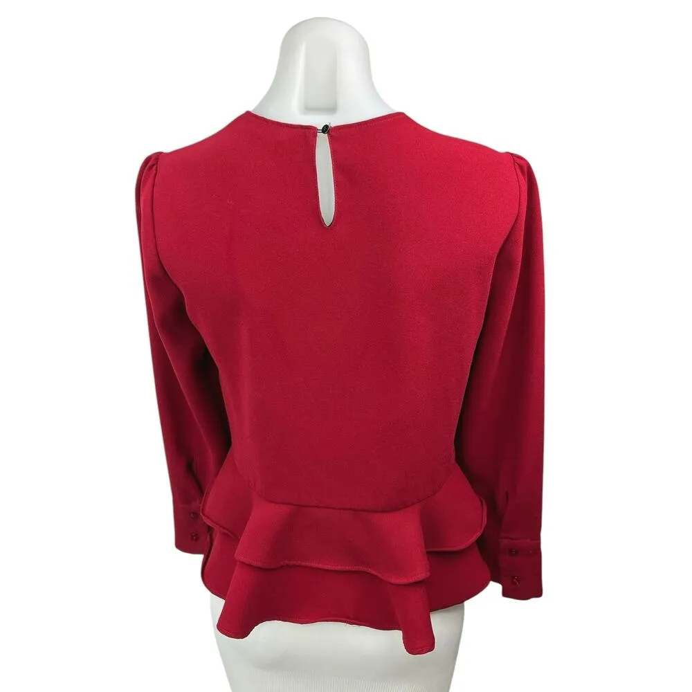 Zara Red Tiered Ruffle Peplum Long Sleeve Crew Neck Formal Shirt Blouse Top Sz M - Image 6