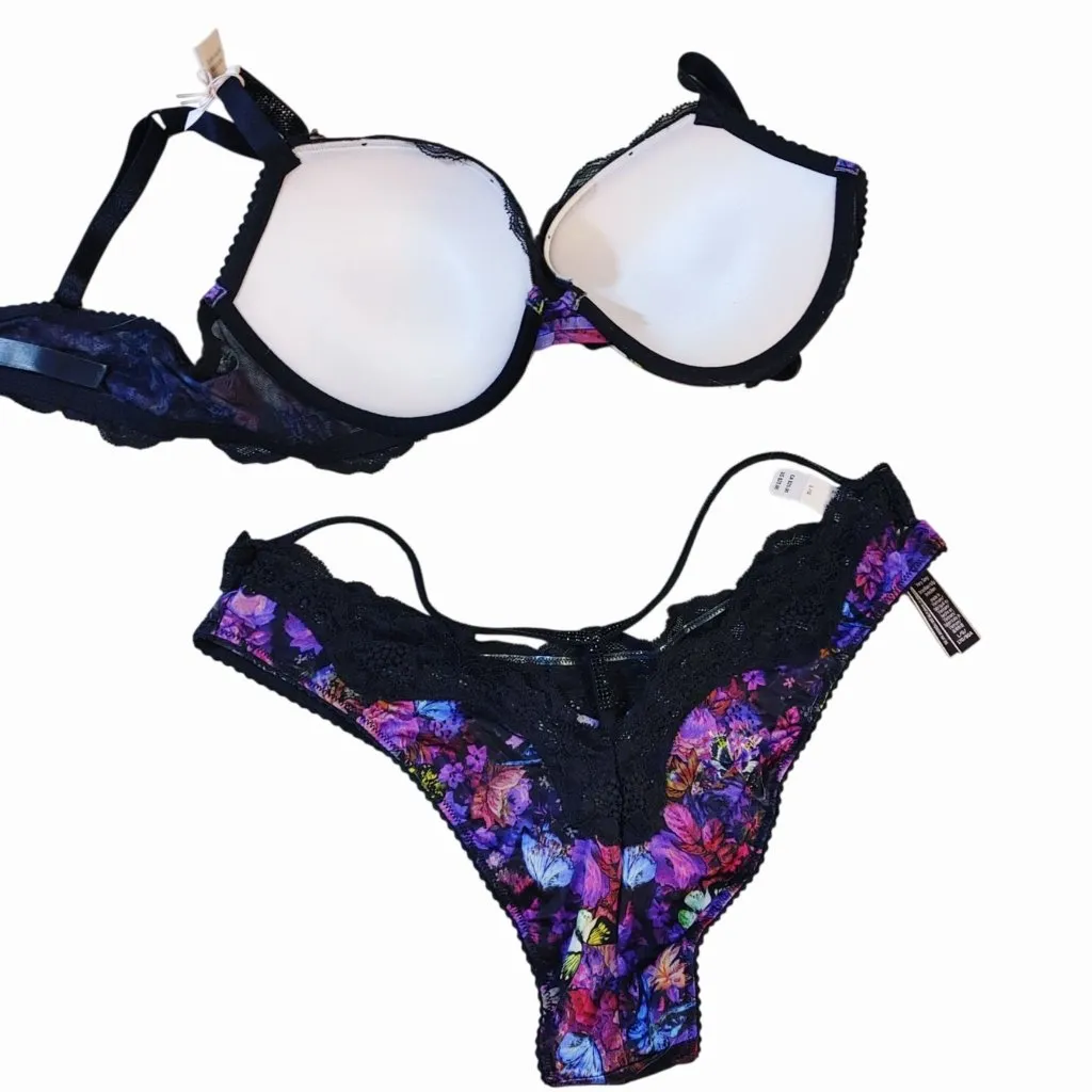 Victorias Secret Panty Bra 38B Push Up Butterfly Moody Floral Lace Brazilian - Image 12