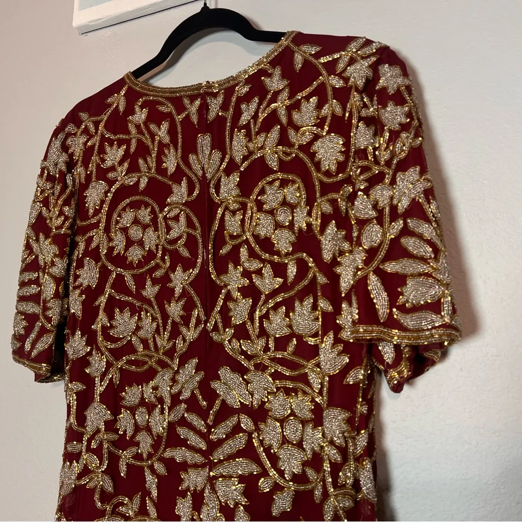 Vintage Beaded Silk Dress Red Gold Short Sleeve Knee Length Size Large - Image 8
