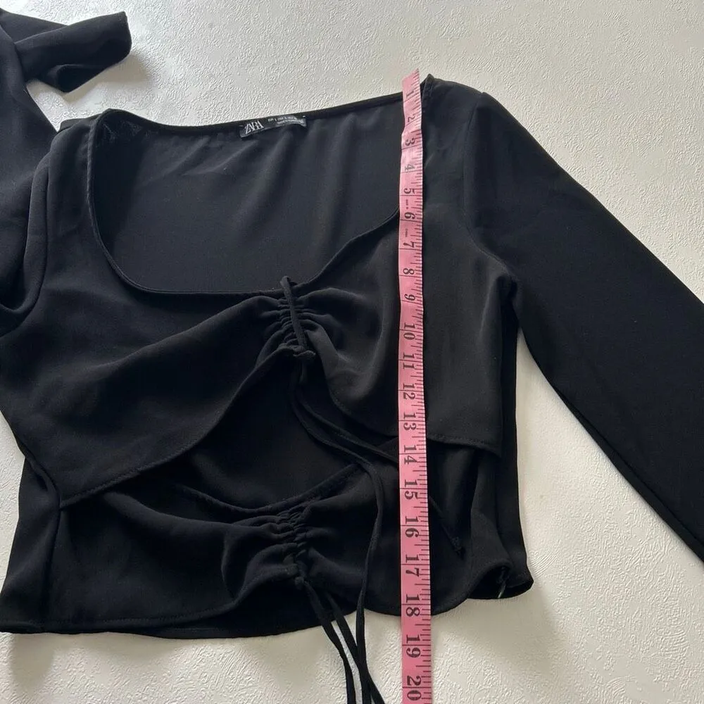 ZARA Black Ruched Tie-Front Long Sleeve Crop Top | Adjustable Drawstring | Size - Image 7