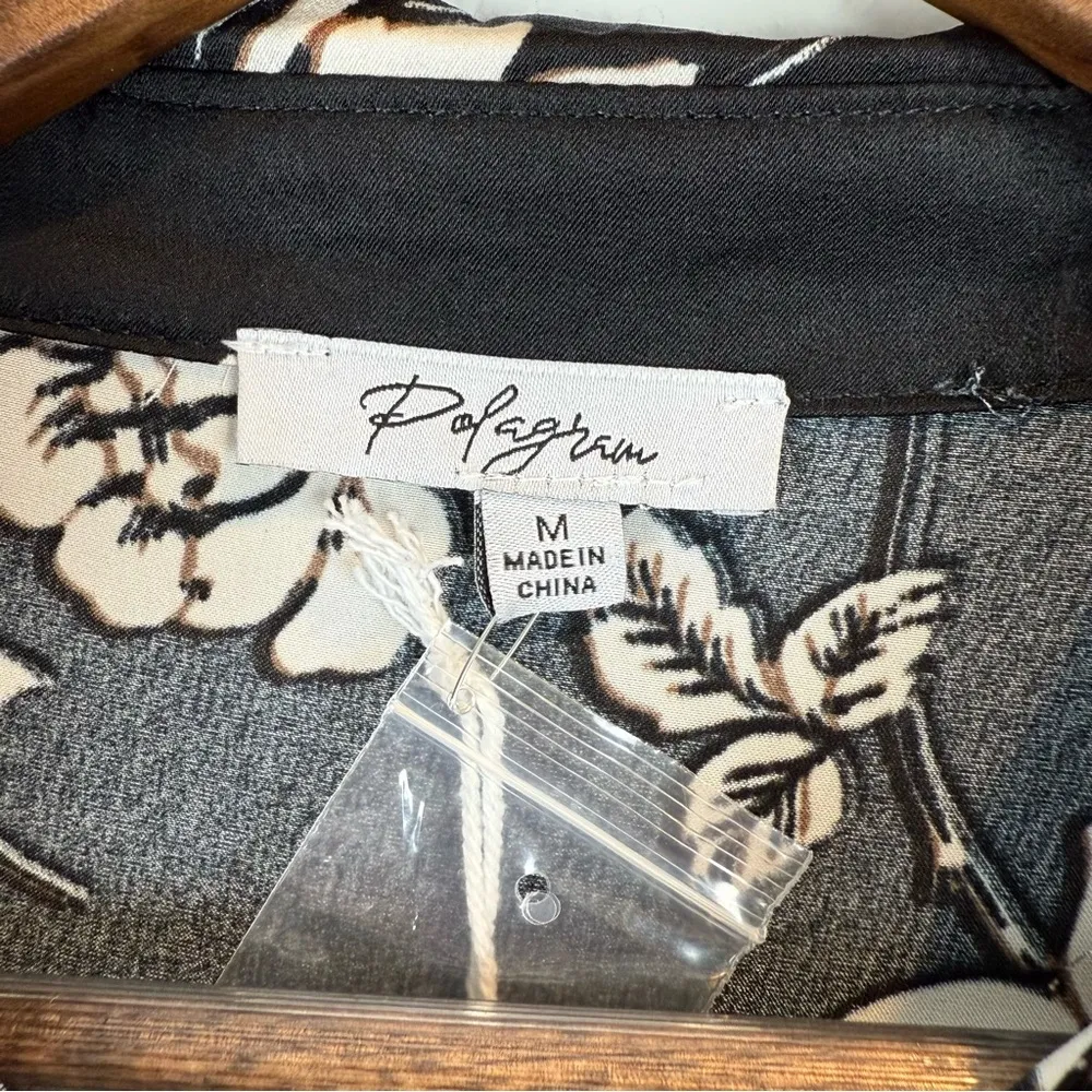 Polagram Black Floral Print Dress Collar Button Down Front Elastic Cuffs Medium - Image 4