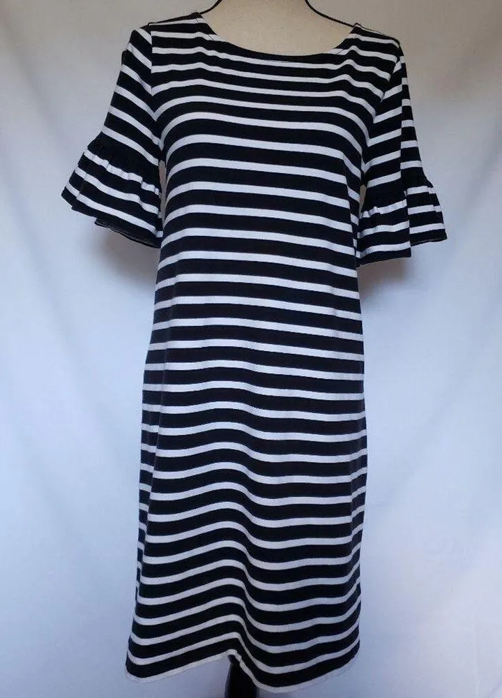 J. Crew Factory Womens Dress Sz Small Ruffled Sleeve Black White Striped Preppy - Image 2