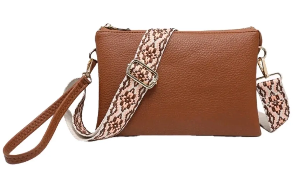 Jen & Co Izzy Crossbody Wristlet Brown Purse With Aztec Guitar Strap Medium Size - Image 1