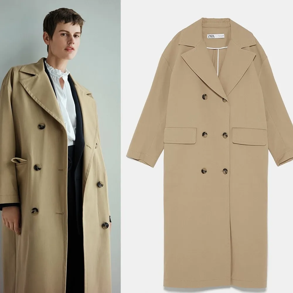 Zara long buttoned trench coat in khaki - Image 3