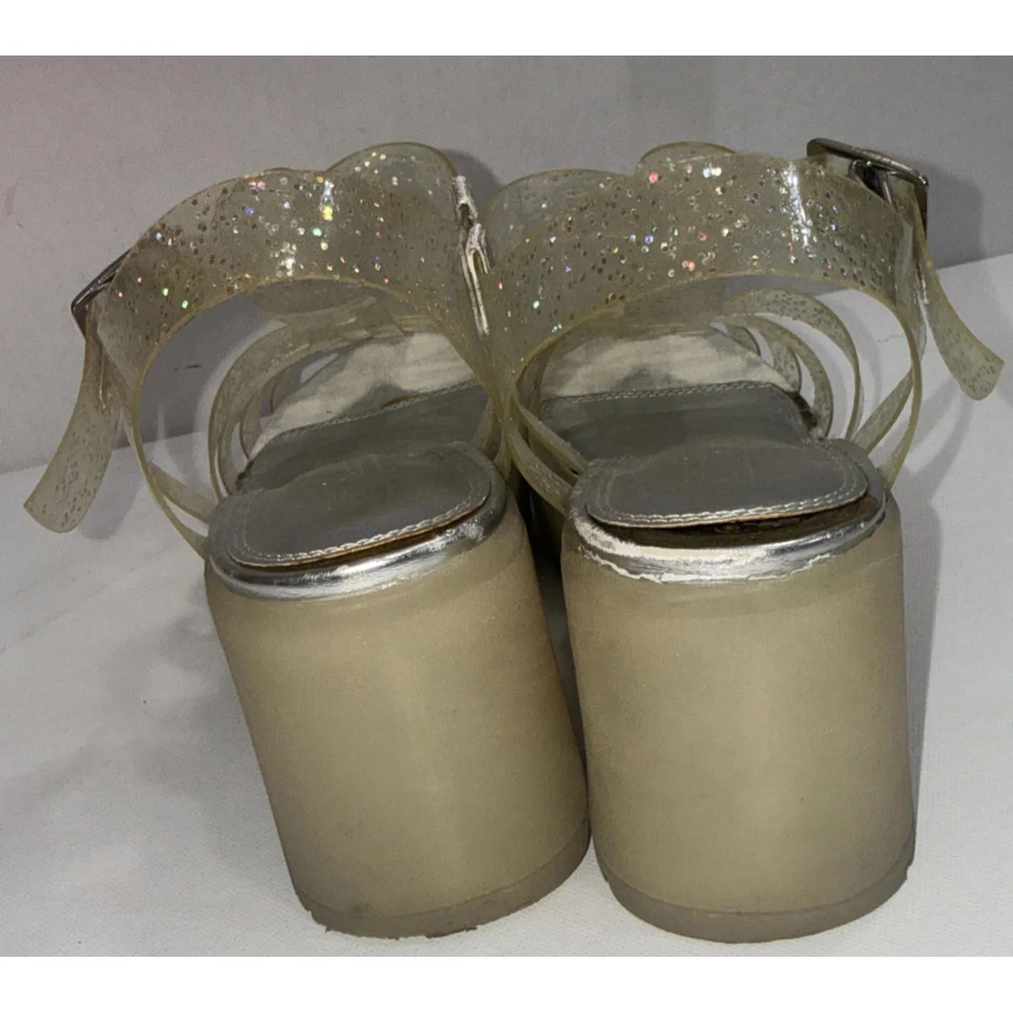 Asos Chunky Y2K 90s Clear Silver Glitter Platform Jelly Heel Clogs Sandals 7 - Image 7