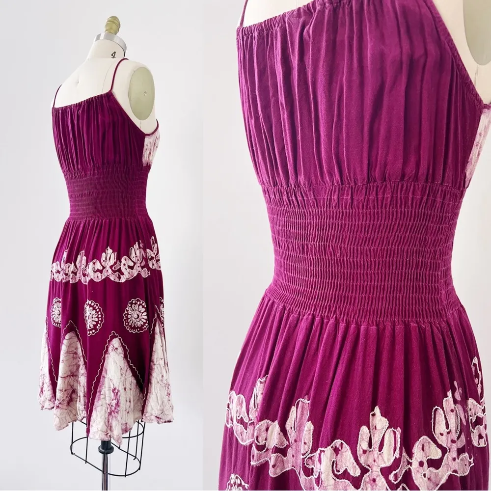 vintage • 70s batik dyed sundress smocked maroon white embroidered rayon boho - Image 14