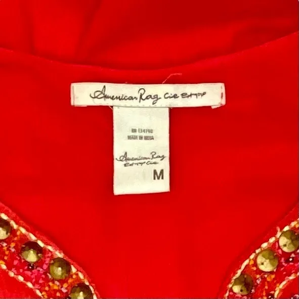 BEAUTIFUL American Rag Cie Embellished Sheer Chiffon Blouse Bright Coral, Size M - Image 7