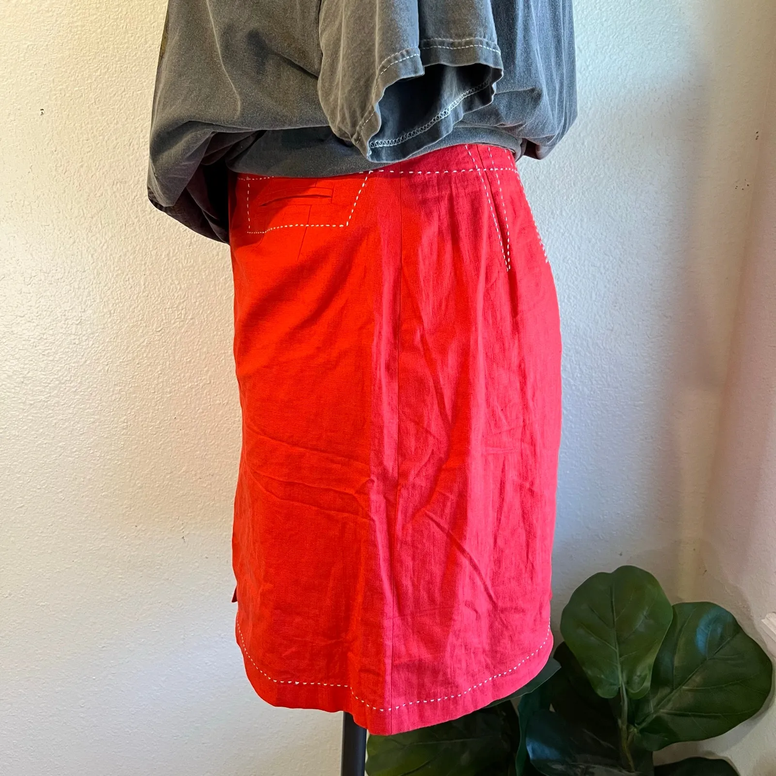 Vintage Red Linen Cotton White Stitched Pockets Mini Skirt Size 14 / Large - Image 4