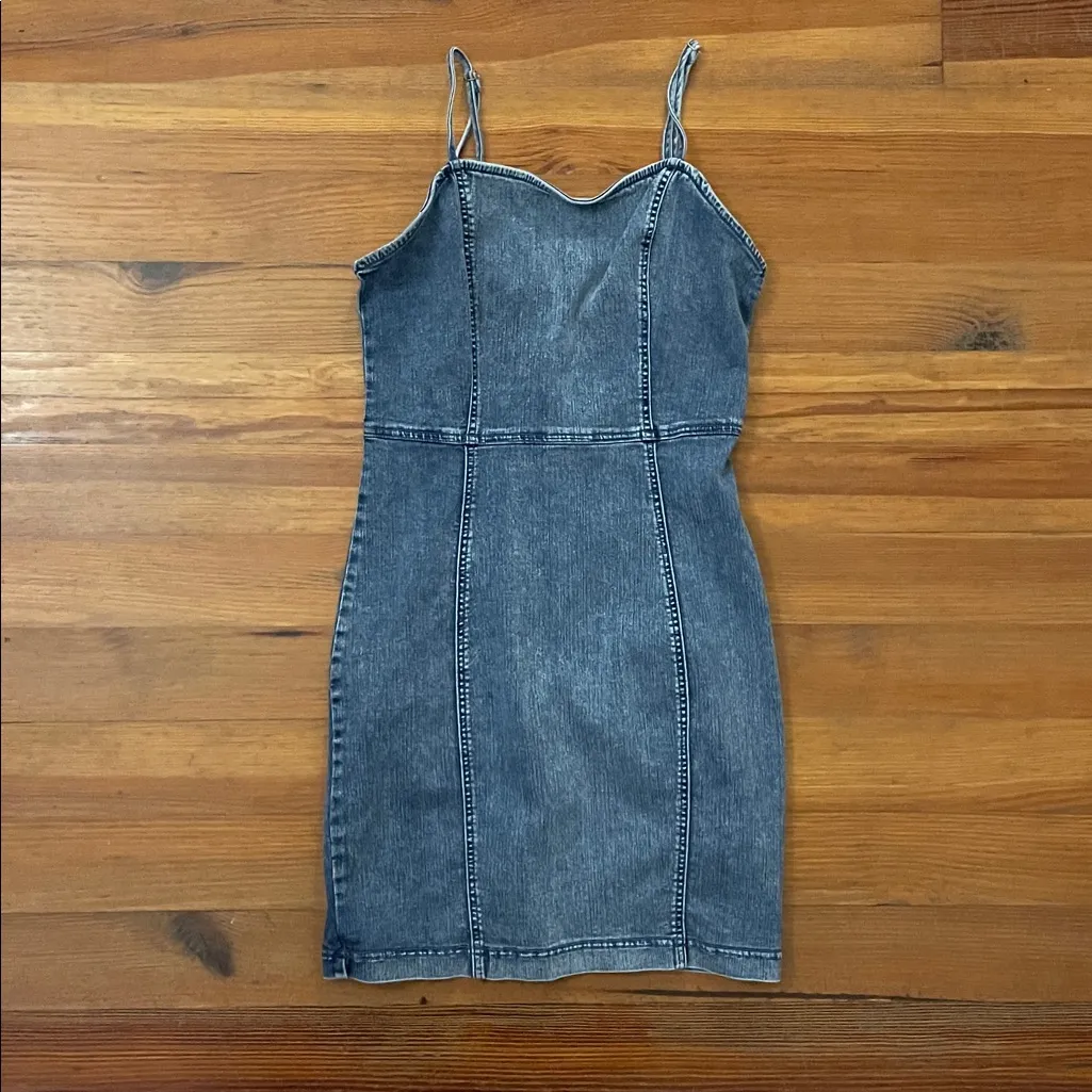 Iris Denim Blue Jean Mini Dress Womens Size Large Sleeveless Stretch Festival - Image 3