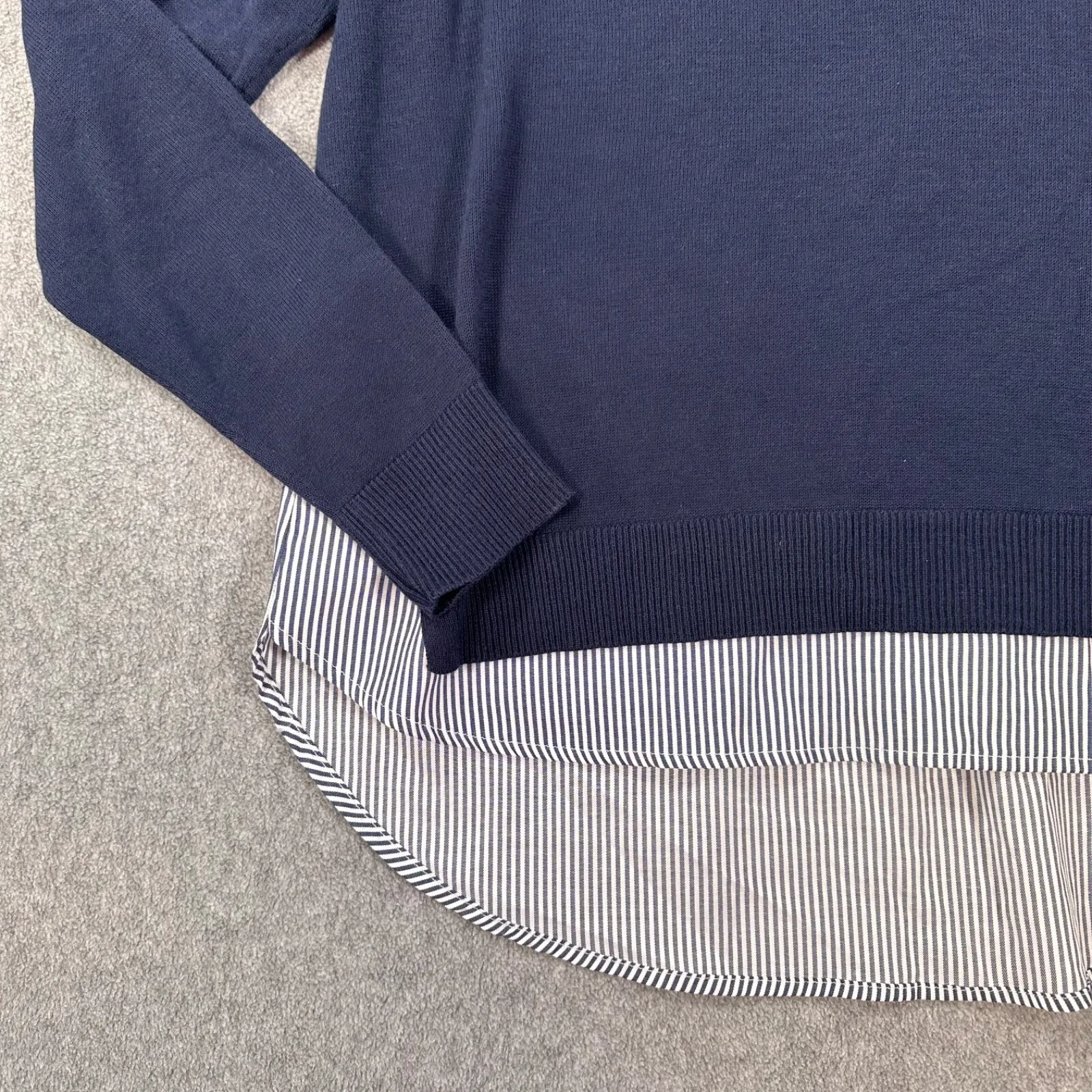 Crown & Ivy Layered Sweater Floral Embroidered Women's Large Navy Blue Stripe - Image 2