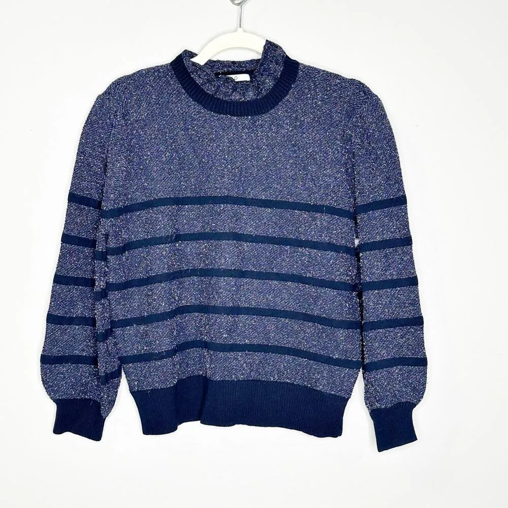Co Jumper Sweater Striped Long Sleeve Ruffle Neck Knit Pullover Blue Size Large - Image 2
