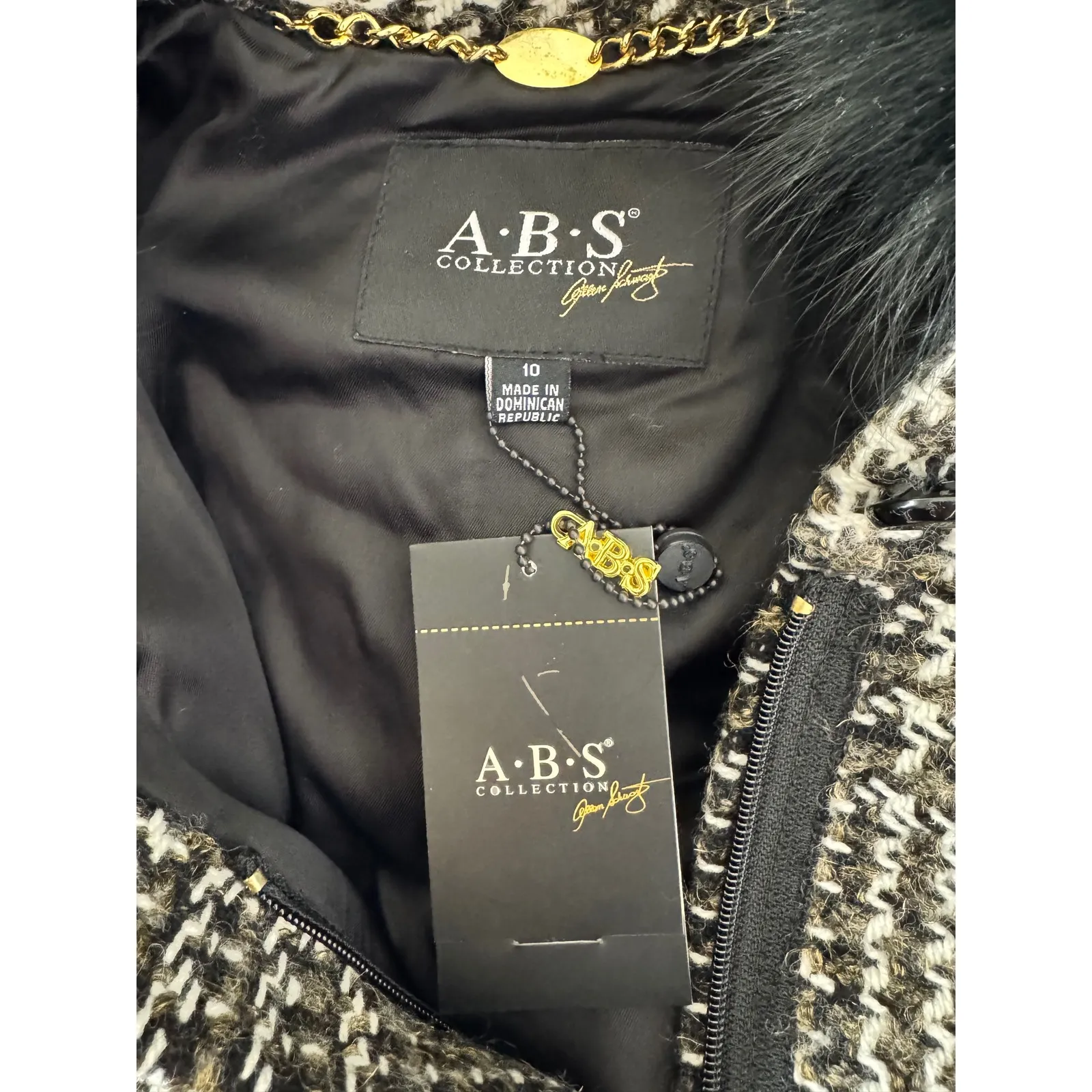 ABS Collection Women's Houndstooth Wool Blend Coat with Fox Fur Hood Size 10 Black - Image 9