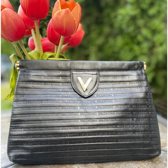 MARIO VALENTINO Vintage Black Leather Stripe Clutch Bag - Image 1