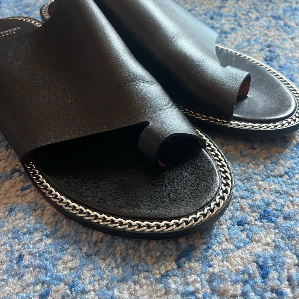 Givenchy  Black Leather Chain Accent Slides - Image 10