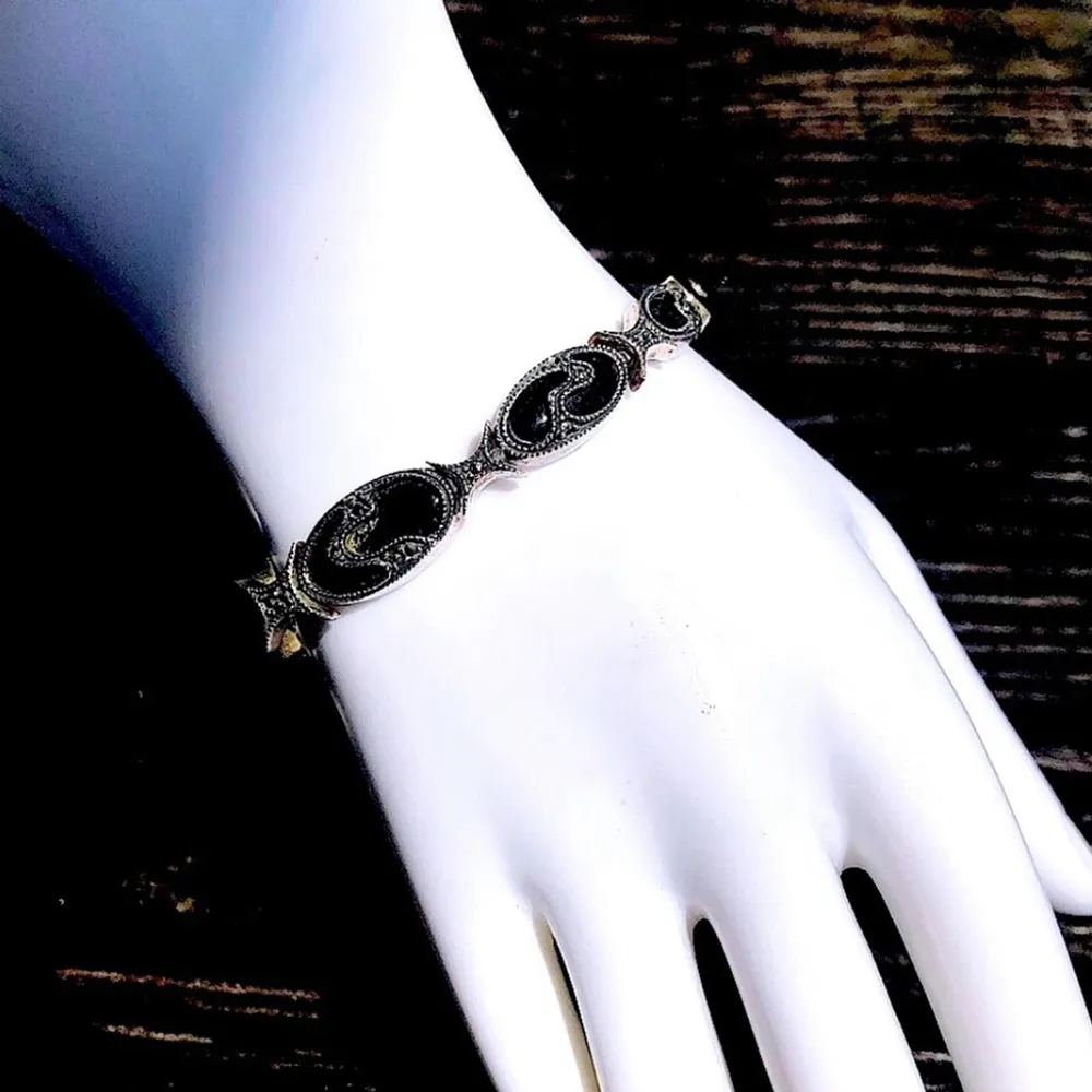 JUDITH JACK Vintage Black Onyx Marcasite Sterling Silver Art Deco Bracelet - Image 5