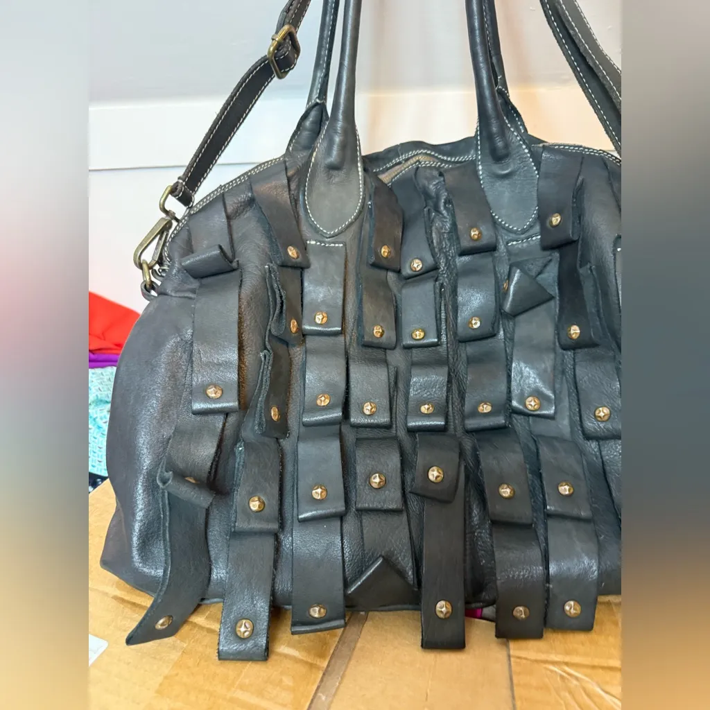 Costanza Rota Italian Leather Large Leather Studded Tassel Tote Bag Black - Image 7