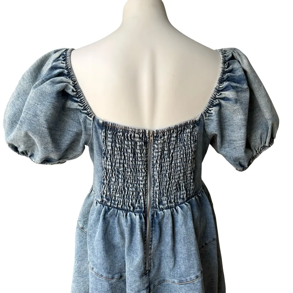 NWT, GeeGee Morgan Puff Sleeve Denim Mini Dress Smocked Babydoll, Sz Lg - Image 9