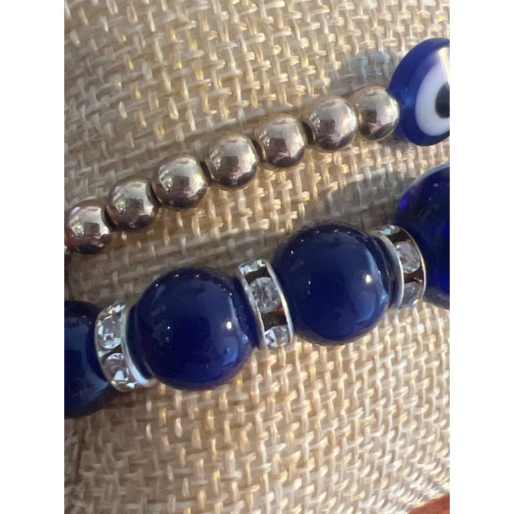 Set of 2 Evil Eye Beaded Bracelet Gold Tone Blue Glass Stretch Stack 6.5" 6.75" - Image 3