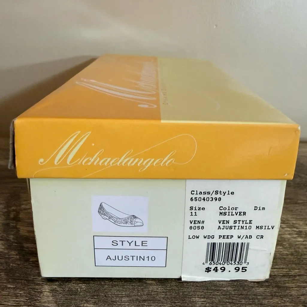 Michaelangelo David’s Bridal Silver Rhinestone Wedge Peep Toe Dress Shoes Sz 11 - Image 12